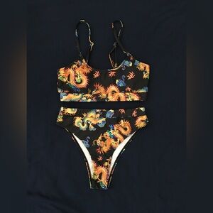 Black dragon print bikini swim set
